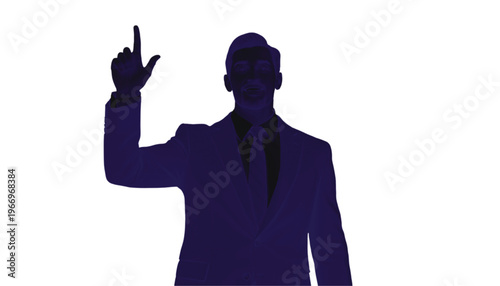 Dark blue silhouette of a sharply dressed man pointing one finger upward toward an unseen idea.