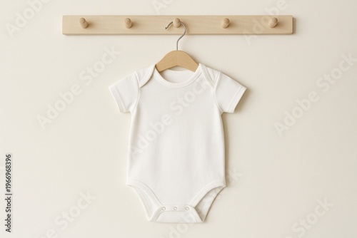 Minimalist baby onesie on hanger.