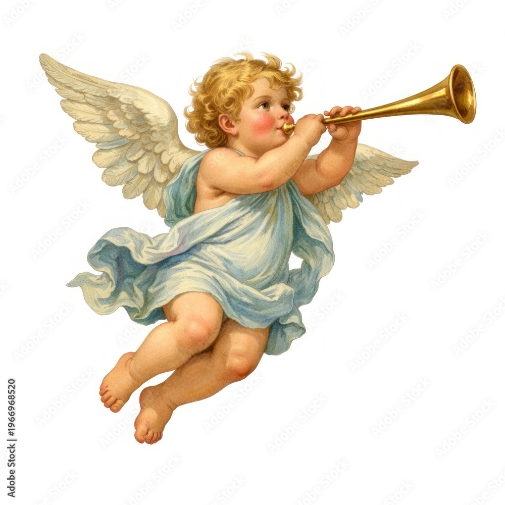 Fototapeta premium Cherubic angel playing trumpet.