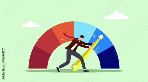 A determined businessman forcefully pushes the yellow needle of a giant colorful gauge towards the highest blue section, symbolizing a massive effort to maximize performance, progress and top success