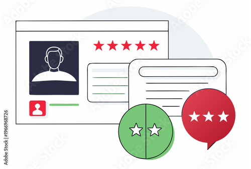 Online review with man profile icon, star rating, and text blocks. Authentic UGC reviews concept. Product feedback vector illustration