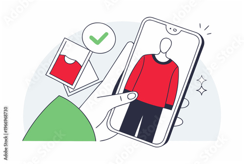 Hand holding smartphone with photograph man in red shirt. UGC user generated content, review, feedback, testimonial concept. Vector illustration