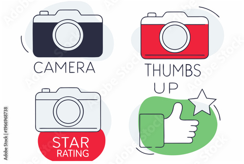 Set of user-generated content review icons featuring camera, thumbs up, and star rating. Vector illustration for online feedback and social media