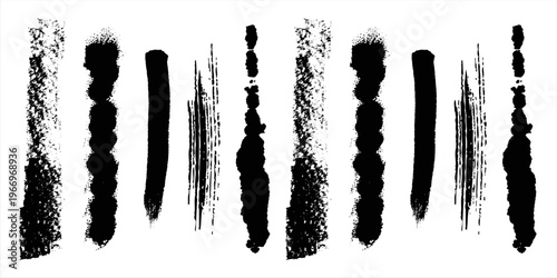 Collection of black paint brushstrokes, charcoal, liner and other strokes. Ink splashes, grunge blocks for text, banner, advertising