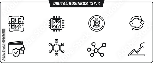 Digital business icons set including bitcoin, qr code, and microchip