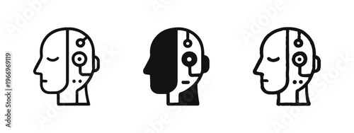 Cyborg or artificial intelligence head icon set. Human profile with circuits in outline, solid, and hand-drawn doodle style.