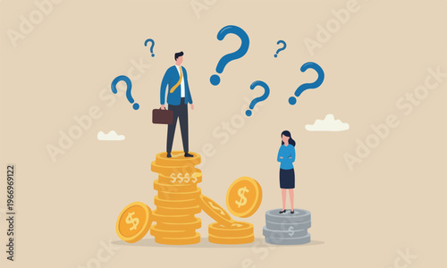 Gender pay, bigger meeting teams together between man and woman wage, salary or income, issue about gender diversification concept, businessman standing on much more paid money coins, woman on less
