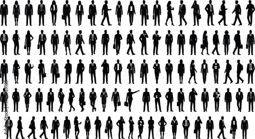 Large bundle of professional business people silhouettes featuring corporate men and women standing walking and talking in office attire for workplace and career concepts