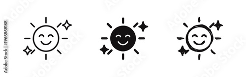 Smiling sun icon set with sparkles. Happy face sun in outline, solid, and hand-drawn doodle style.