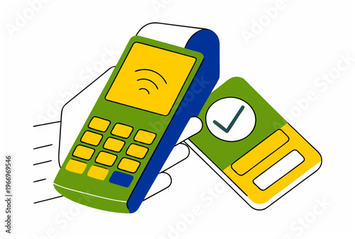 Hand holding pos terminal, contactless payment with bank card. Mobile commerce and payment concept. Vector flat illustration for banner design