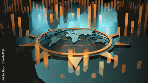 Stylized digital rendering of a world globe in a futuristic cityscape