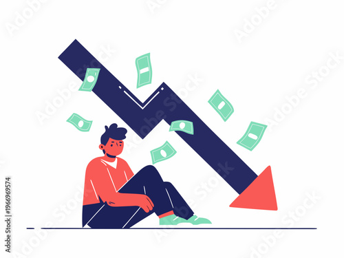 A dejected man sits beneath a large descending arrow and falling money