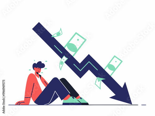 A person sits dejected as money falls alongside a declining graph