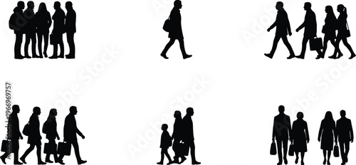 Large collection of people silhouettes walking in groups standing together and commuting with bags for urban city life and business crowd scenes isolated