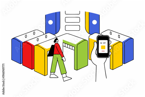 Man walking through automated self-checkout gateway with hand holding smartphone displaying receipt. Automated self-checkout vector illustration