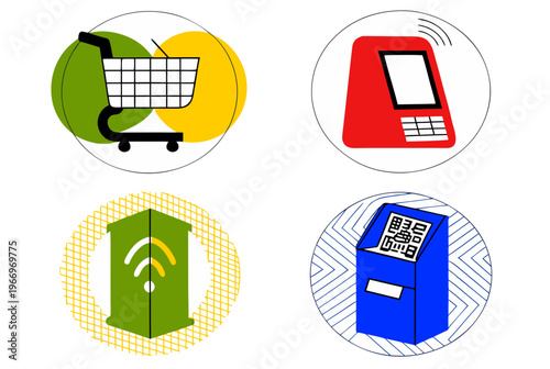 Set of automated self-checkout technology with shopping cart, self-service machine, and RFID antenna. Flat style modern vector illustration for application, website icon