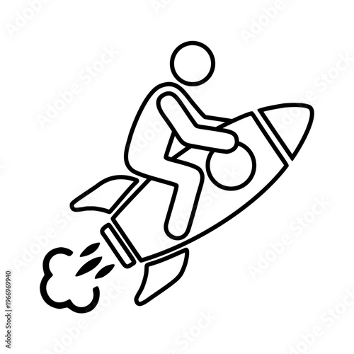 ロケットに乗る人物のラインアイコン