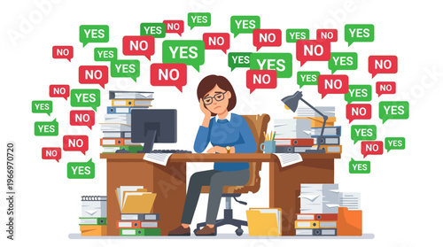 A woman sits at a cluttered desk with computers and papers surrounded by yes and no signs.