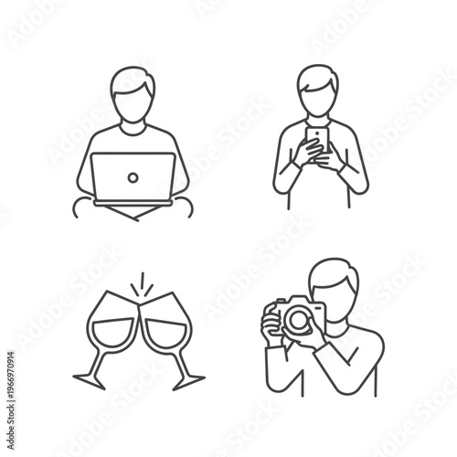 Four icons representing different modern-day activities and hobbies Vector, illustration