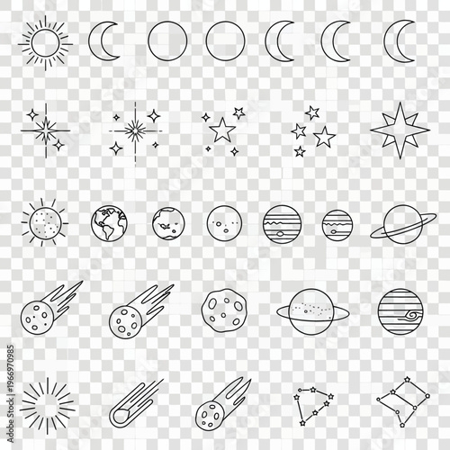 Diverse collection of celestial and astronomical doodles and icons Vector, illustration