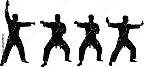 Martial arts silhouette bundle featuring men in karate gi performing powerful punches blocks and stances for combat sports training isolated vector