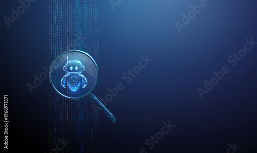 Data stream with magnifying glass with robot. AI analysis, machine learning training, AI detection and search, neural network learning, automated diagnostics concept