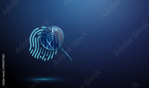 3d blue fingerprint under magnifying glass with DNA helix inside. Biometric genetic analysis, identity verification, DNA identification, forensic investigation concept.