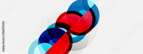 Abstract design features overlapping circles. Red, blue hues create dynamic visual effect. Minimalist composition, modern aesthetic.