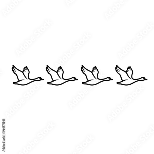 Four geese in flight depicted in a simple and elegant black and white illustration Vector, illustration