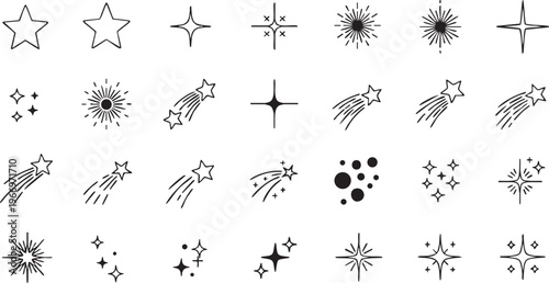 A collection of diverse celestial and star-themed symbols and illustrations