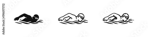 Swimmer icon set in solid, outline, and hand-drawn styles. Male athlete swimming in water.