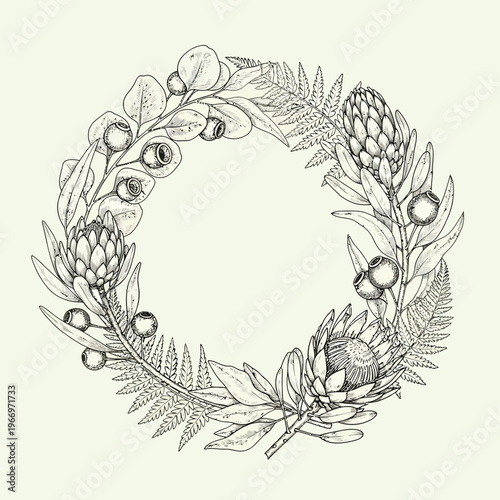 Elegant botanical wreath featuring native australian flora and fauna in intricate line art