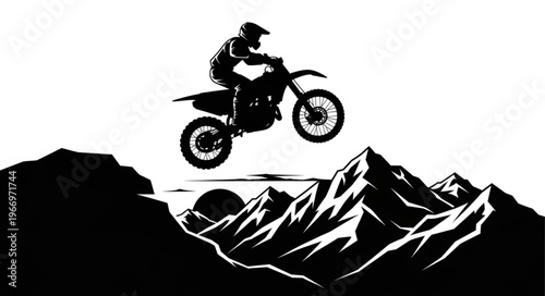 Motocross Rider Jumps Over Mountain Peaks Silhouette.