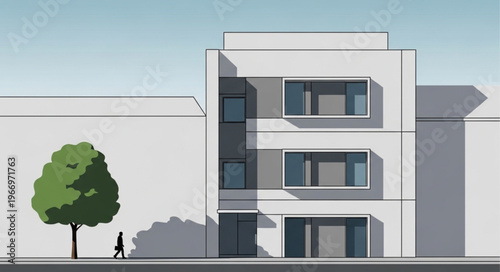 Modern White Building Facade with Geometric Windows and Tree.