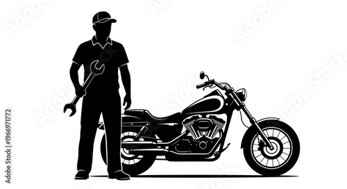 Mechanic Standing Next To Motorcycle Holding Wrench Silhouette.