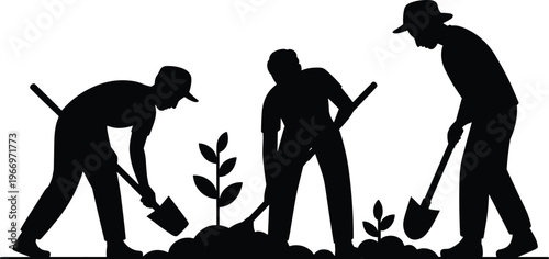 farmers, planting, trees, agriculture, teamwork, silhouette, gardening, rural, nature, environment, ecology, growth, organic, farming, people, shovel, sapling, black, white, illustration