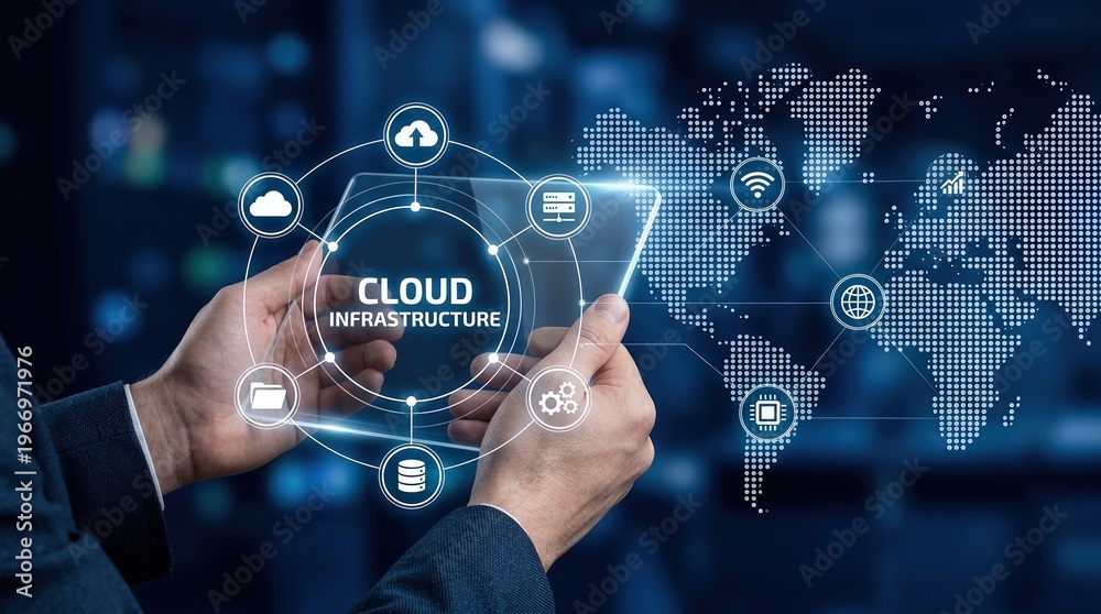 Obraz premium cloud computing, infrastructure, data center, digital transformation, network security, global connectivity, technology showing businessman holding tablet with network cloud icons