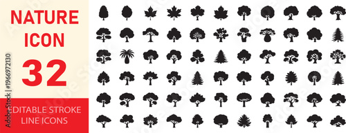Set of 32 nature icons line, editable stroke, vector