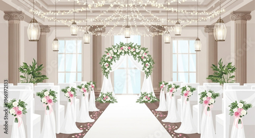 Elegant Wedding Ceremony Venue Decorated with Flowers and Drapes.