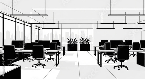 Modern Office Interior with Desks and Chairs.