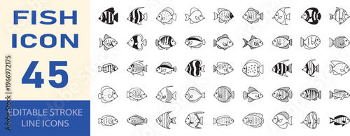 Set of 45 fish icons line, editable stroke, vector
