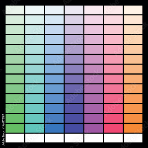 Pastel color palette swatches on black background, professional rainbow gradient color chart, flat vector graphic design tool for artists