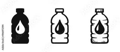 Water bottle icon set with water drop symbol, depicting hydration and healthy lifestyle in three styles.