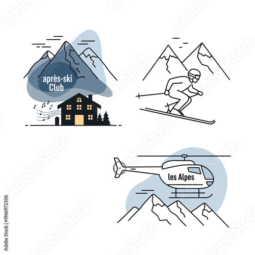 Alpine adventures featuring skiing, lodging, and helicopter travel in the alps