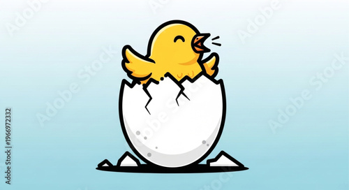 Cute cartoon chick hatching from a cracked eggshell.