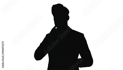 Silhouette of a sharp businessman adjusting his necktie against a stark white background in a profile view.