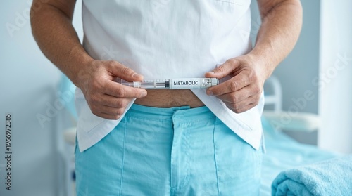 metabolic, injection, diabetes, weight loss, health, medical, obesity treatment showing a man holding a metabolic pen for subcutaneous self-administration in a clinical setting.