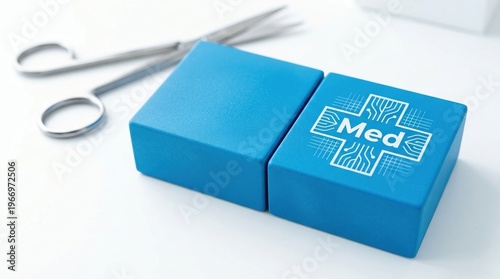 medical technology healthcare digital health surgical innovation medicine concept featuring blue cubes with med logo and metallic scissors on a clean white laboratory background.