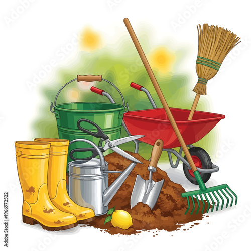 Assorted gardening tools and equipment arranged on a rustic background