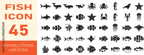 Set of 45 fish icons solid, editable stroke, vector